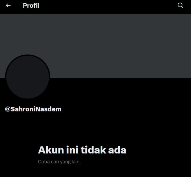 Akun X Sahroni Berdikari dengan username @SahroniNasDem hilang. [X]